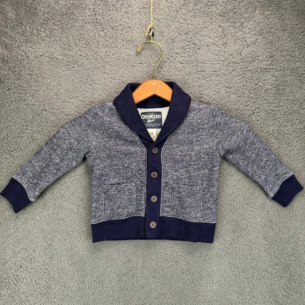 OshKosh‎ B'gosh Toddler Boys Navy Blue Marled Shawl Collar Cardigan Sweater 18M